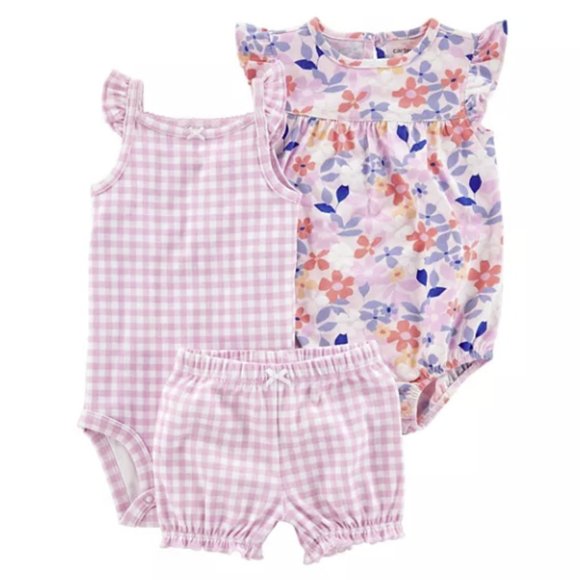 BABY GIRL CARTERS 3 PIECE GINGHAM BODYSUIT & SHORT SET SIZE 3M  #K34 - Picture 1 of 2